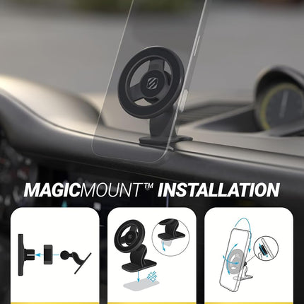 Scosche MagSafe Car Mount, Magnetic Dashboard Phone Holder for Car with 3M Adhesive Base, Strong Magnets, 360° Rotatable Cell Phone Car Mount for iPhone 17/16/15/14/13/12, Includes Magnetic Ring