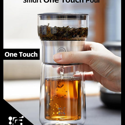 ZENS Modern Glass Tea Infuser Teapot, Smart One Touch Tea Maker for Loose Tea Diffusers with Insulated Mug and Portable Tea Kits, Cool Gongfu Tea Pot for Black Tea Lover Gifts