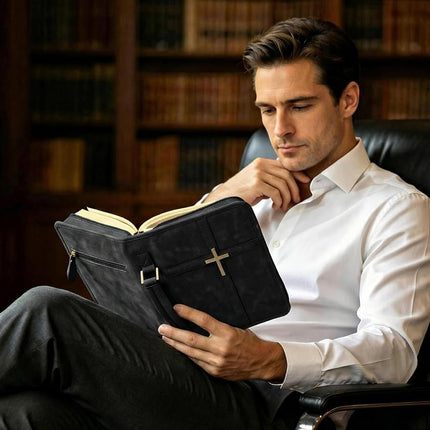 Vegan Leather Bible Cover for Men & Women, Bible Case with Gift Box, Christian Catholic Religious Bible Gifts (Black)