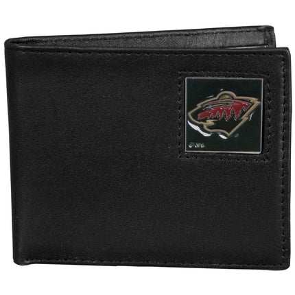 Cartera de piel NHL Minnesota Wild de dos pliegues, empaquetada en caja de regalo, negra