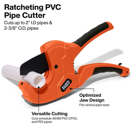 Klein Tools 50080 Ratcheting PVC Pipe Cutter, Cuts 2-Inch ID PVC, CPVC, PEX Pipes, One-Handed Operation, Replaceable Blades