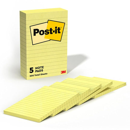 Post-it Notes, 4 in x 6 in, 5 Lined Sticky Notes Pads, 100 Sheets per Pad, Canary Yellow, The Original Post-it Note, School Supplies and O?ce Products