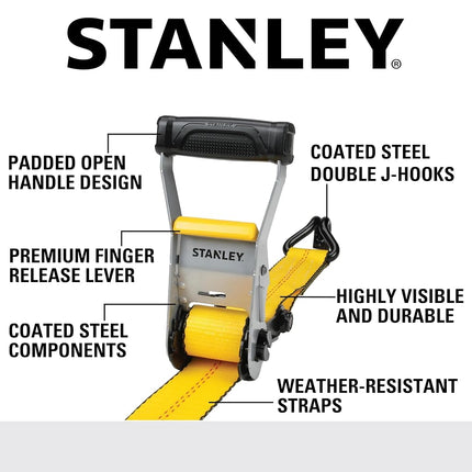 STANLEY S10000J Black/Yellow 2" x 27' Ratchet Strap with Double J-Hooks - 3,333 LBS Safe Working Load / 10,000 LBS Break Strength