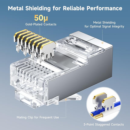Cable Matters 100-Pack Cat 6A Shielded Pass Through RJ45 Connectors (Cat 6A Ends / Cat6A Connector / RJ45 Modular Plugs/Ethernet Plugs/Network Connector) for Solid or Stranded S/FTP Ethernet Cable