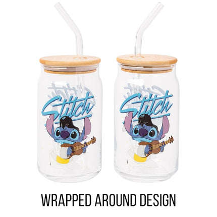 Silver Buffalo Disney Lilo and Stitch Glass Tumbler with Bamboo Lid and Glass Straw Featuring Stitch in an Elvis Costume, 16 Ounces