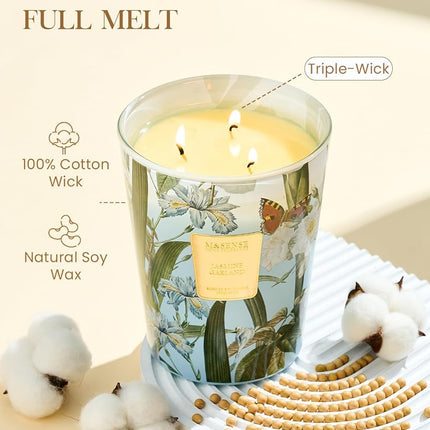 M&SENSE Jasmine Garland Extra Large Soy Scented Candle Gifts for Women, 990g 150H Candles for Men Long Burning, 3-Wick Home Fragrance Strong Scented Candle, Organic Non Toxic Aromatherapy Candle
