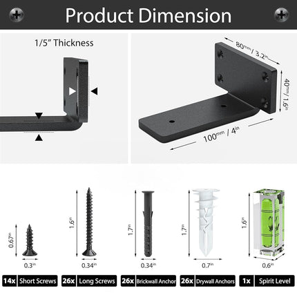 Heavy Duty Shelf Brackets 4 Inch (1/5") Thick, 6 Pack Floating Hidden Brackets, Rustic Industrial with Modern Iron Finish