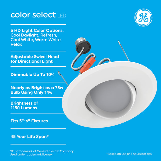 Projecteur encastré à DEL GE Color Select avec tête pivotante, RS6, 6 pouces, températures de couleur multiples, remplacement de 75 watts (paquet de 3)