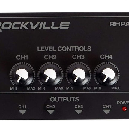 Rockville RHPA4 4-Channel Headphone Amplifier, Stereo/Mono Switch, Dual 1/4" and 3.5mm Outputs per Channel, USB Power, for Studio and Podcast Monitoring