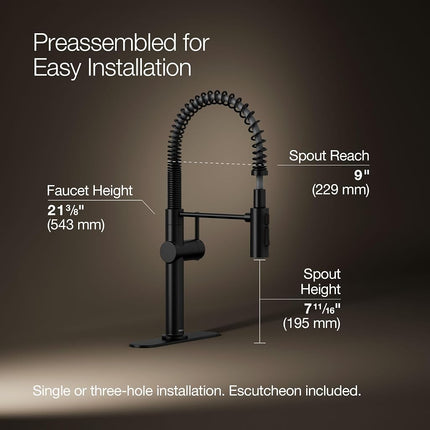 KOHLER 22973-BL Crue Kitchen Sink Faucet with Single Lever Handle, Pre-Rinse Kitchen Faucet, Commercial Faucet, 1 3-Hole Installation, Matte Black