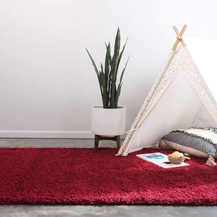 Alfombra de área Unique Loom Solo Solid Shag Collection - Alfombra moderna de felpa exuberante y suave (1.22 x 1.83 m rectangular, rojo cereza)