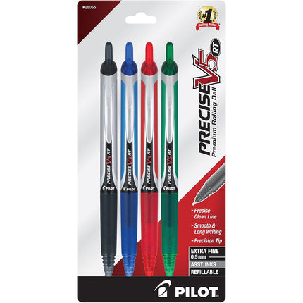 PILOT Precise V5 RT Refillable & Retractable Rolling Ball Pens, Extra Fine Point Pens, 0.5 mm, Black/Blue/Red/Green, Pack of 4 - Ideal for School, Journaling & Office Writing