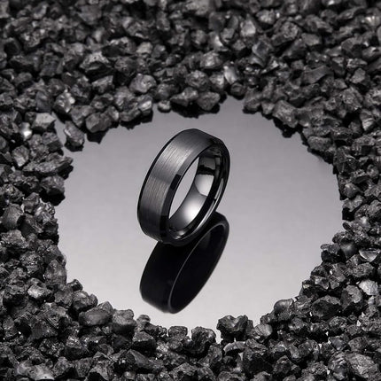 King Will BASIC 7mm Anillo de boda de carburo de tungsteno negro para hombre, acabado cepillado, borde biselado pulido 9