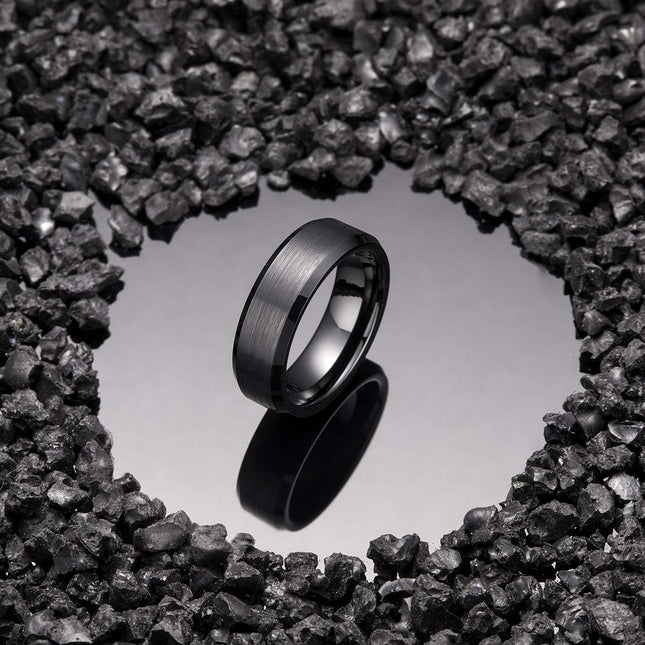 King Will BASIC 7mm Men Black Tungsten Carbide Wedding Ring Brushed Finish Beveled Polished Edge 9