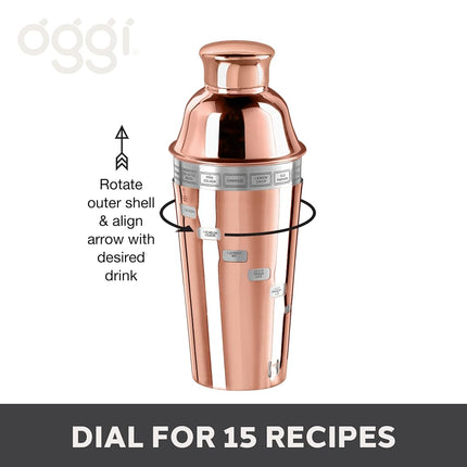 OGGI 15 Recipe Dial-A-Drink Stainless Steel Cocktail Shaker, 34 oz