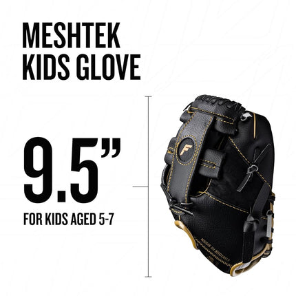 Franklin Sports Kids Baseball Gloves - Meshtek Child's Tball Glove + Ball Set - Boys + Girls Teeball Mitt Set - Kids + Toddler - Right Hand Throw - 9.5", Black/Gold