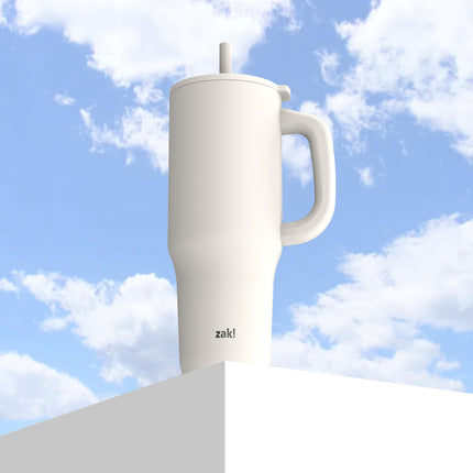Zak Designs Sutton Travel Tumbler for On The Go, 40oz Stainless Steel with Vacuum Insulation, Silicone Straw, and Carry Handle for Cold Drinks (Cream White)