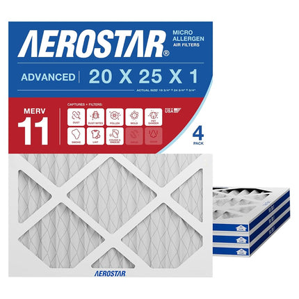Aerostar Allergen & Pet Dander 20x25x1 MERV 11 Pleated Air Filter, Made in The USA, (Actual Size: 19 3/4"x24 3/4"x3/4"), 4-Pack