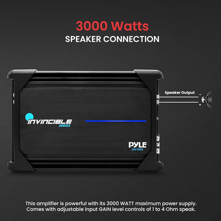 Amplificateur MOSFET Pyle 3000 W – Amplificateur audio de voiture monocanal, amplificateur mono de classe AB avec filtre passe-bas, amplification des basses, protection contre les courts-circuits, bornes RCA, design compact (31,4 x 20,6 x 5,8 cm)