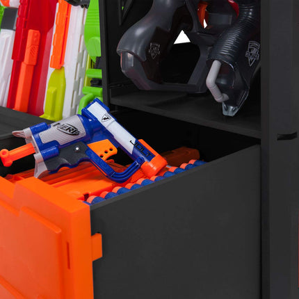 Estante para lanzadores NERF Elite - Almacenamiento para hasta seis lanzadores, incluyendo estantes y cajones para accesorios, naranja y negro - Exclusivo de Amazon