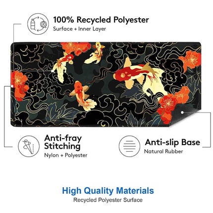 IMAYONDIA Japanese Koi Desk Mat (35.4x15.7 in), Extended Large Gaming Mouse Pad, Long Desk Pad with Stitched Edge, Black Gold Mouse Mat Desk Pad Office Accessories Decor Gift