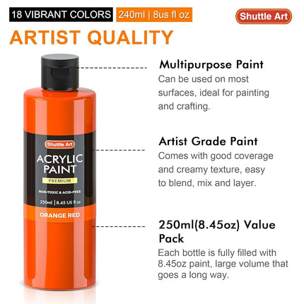 Shuttle Art Acrylic Paint, 18 Colours Acrylic Paint Bottle Set (240ml/8.12oz), Rich Pigmented Acrylic Paints, Bulk Painting Supplies for Artists, Beginners and Kids on Rocks Crafts Canvas Wood Ceramic