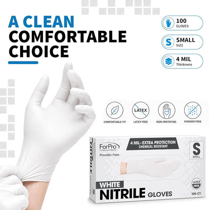 ForPro Disposable Nitrile Gloves, Chemical Resistant, Powder-Free, Latex-Free, Non-Sterile, Food Safe, 4 Mil, White, Small, 100-Count