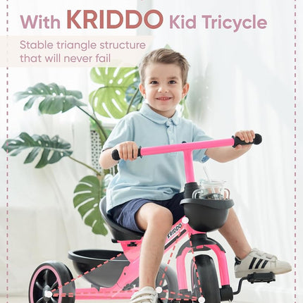 KRIDDO Kids Tricycles Age 24 Month to 5 Years, Toddler Kids Trike for 2.5 to 5 Year Old, Gift Toddler Tricycles for 2-4 Year Olds, Trikes for Toddlers, Pink