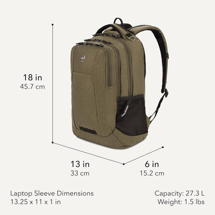 SWISSGEAR Cecil Laptop Backpack Fits up to 16-Inch Laptop, Daypack for Travel and Work, Olive, 18-Inch