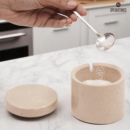 Verona Marble 3" Handmade Salt Cellar with Lid & Spoon – Ideal Countertop Spice & Salt Box.