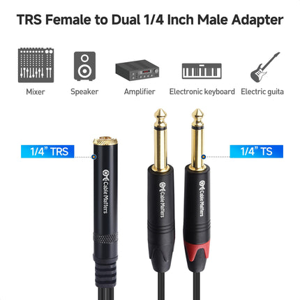 Cable Matters Paquete de 2 Cables Divisores de Audio Estéreo TRS de 1/4 a Doble TS (Adaptador Hembra Doble TS de 1/4 de Pulgada a TRS) en Negro - 6 Pulgadas / 0.15 Metros
