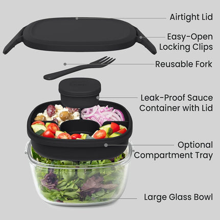 Bentgo Glass All-in-One Salad Container - Large 61-oz Salad Bowl with Lid, 4-Compartment Bento-Style Tray, 3-oz Sauce Container, and Reusable Fork - Dishwasher, Microwave, and Oven Safe (Black Onyx)