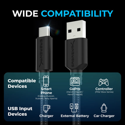 Cable de carga rápida SABRENT 3 USB C, USB tipo C de alta velocidad 5V-3A, el cable USB-C también se puede usar como cable de transferencia de datos 3.2 Gen1, para Galaxy, Note, Sony Xperia, Xiaomi, Switch, ps5, 1,80 m (CB- C3X6)