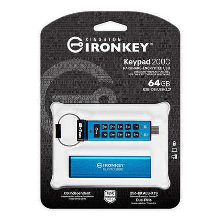 Kingston IronKey Keypad 200C Type-C hardware-encrypted USB Flash Drive FIPS 140-3 Level 3 (Pending) with XTS-AES 256-bit Hardware Encryption -IKKP200C/64GB