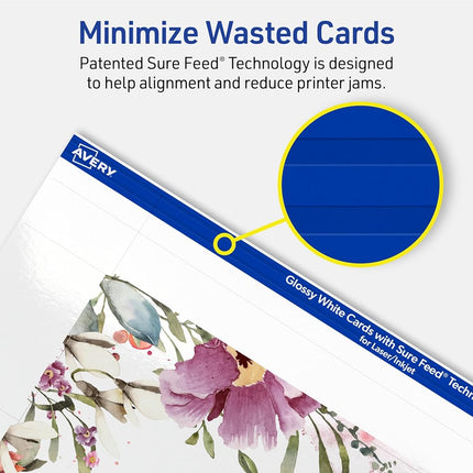 Avery Printable Rectangle Cards, Sure Feed Technology, 4" x 6", Glossy White Cardstock, Print-to-the-Edge, Laser/Inkjet, 100 Total, Great for Postcards and Thank You Cards
