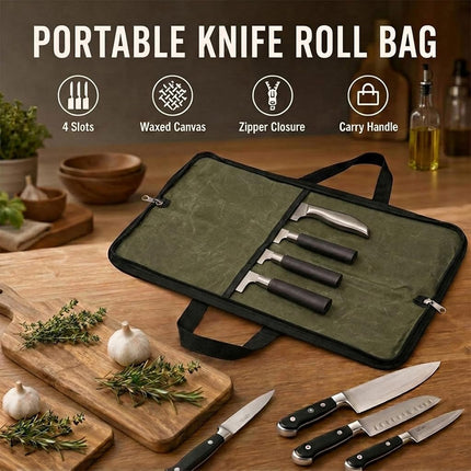 Pro Chef's Knife Roll(4 Slots), Heavy Duty Waxed Canvas Knife Bag Holds 4 Knives with Durable Handles, Portable Knife Carrier Case for Men & Women, Perfect for Travelling, Working, Barbequing, Campin