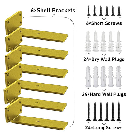 Floating Shelf Brackets Heavy Duty - 1/5 Inch Thick Industrial Gold Metal L Brackets, Premium Solid Steel Shelf Supports for Shelves - 6 Inch Heavy Floating Shelves Hardware (6Pcs)
