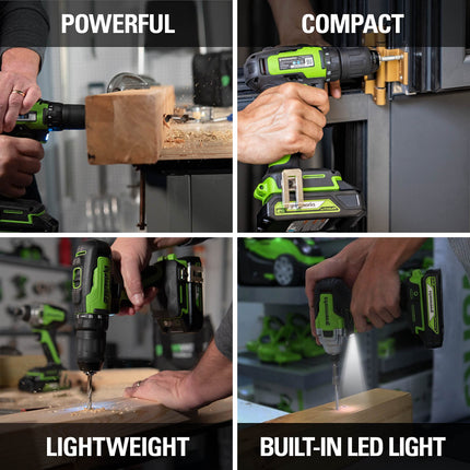 Greenworks 24V Brushless 310 in./lbs Drill/Driver + 2650 in./lbs Impact Driver Combo Kit, (2) USB (Power Bank) Batteries and Dual Port Charger Included LED Light, 2pcs Driving Bits with Tool Bag