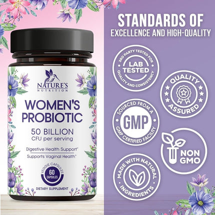 Nature's Nutrition Women’s Probiotics 50 Billion CFU Guaranteed, Vegan Probiotic Strains, Supports Womens Digestive, Immune, Vaginal, & Urinary Health, Delayed Release, No Soy Gluten 60 Capsules