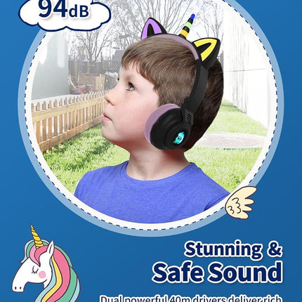 Unicorn Kids Headphones,Unicorn Bluetooth Headphones Foldable for Girls Boys Toddlers Phones pad/Amazon fire/Tablet,Light Up Kids Wireless Headphone Birthday Gifts (Black)