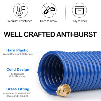 FUNJEE EVA Coil Garden Hose for Gardener: Retractable Self Coiling Hoses with 3/4" GHT Quick Connector Fittings - Kink Free and Flexible for Home and Garden Yard (50FT, Blue)