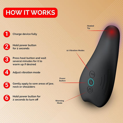 Peak Essentials TMJ Relief Products Jaw Massager With Advanced Heating Modes - Ergonomic TMJ Massage Tool - Gentle Vibrations And Heat For Pain Relief, Tension, And Stiffness
