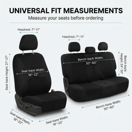 FH Group Light & Breezy Flat Cloth Cars Seat Covers Combo Steering Wheel Cover & Seat Belt Pads, Airbag and Split Rear Universal Fit Interior Accessories Cars Trucks SUV 7 Seater Three Row Set Black