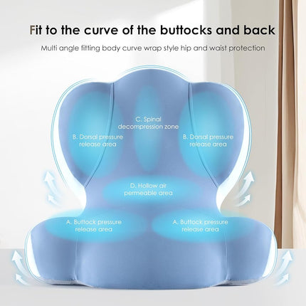 Cojín de asiento de camión de espuma viscoelástica FLORICH con correa ajustable, cojín de asiento y almohada de soporte lumbar para silla de oficina de coche, soporte ergonómico para la espalda y alivio de la ciática para viajes largos (azul