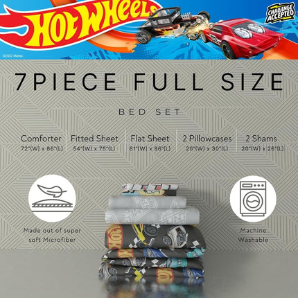 Franco Hot Wheels Kids Bedding Super Soft Comforter and Sheet Set with Sham, 7 Piece Full Size, (Officially Licensed Product)