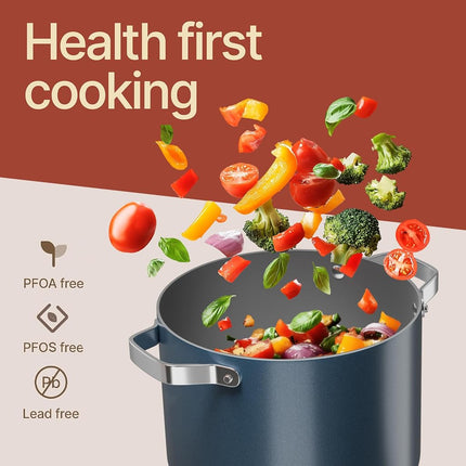 Blue 8.5 Quart Aluminum Stock Pot with Lid, Nonstick Ceramic Coated Boiling Pot, PTFE & PFAS Free, Oven Safe to 500�F, Riveted Stainless Steel Handles, Tempered Glass Lid, All Stove Compatible