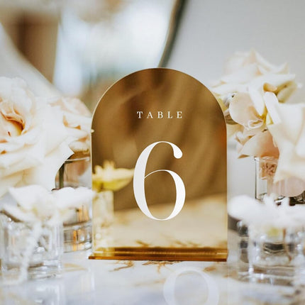 JINMURY Gold Wedding Table Numbers 1-15 With Stands, 15 Pack 5x7" Acrylic Arch Sign for Reception (Gold Mirror)