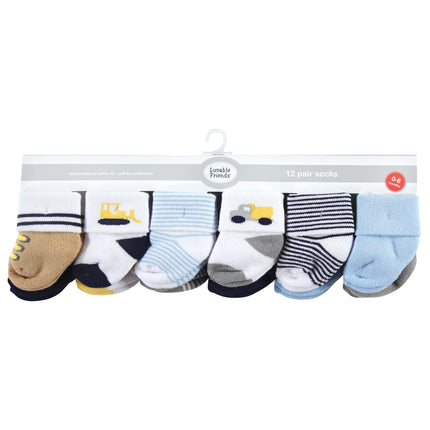 Luvable Friends Unisex Baby Newborn and Baby Terry Socks, Bulldozer, 6-12 Months