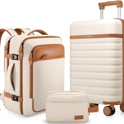 UKEIN Luggage Sets 3 Piece, Carry On Luggage 20In With Spinner Wheels,PC Hardside Suitcase Set with TSA Lock,Durable Carry On Suitcase With Travel Backpack for Men, Beige, 3 piece set (20inch