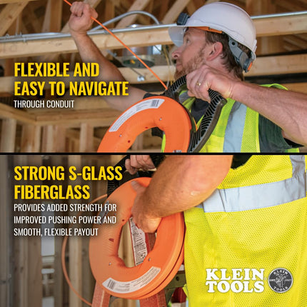 Fish Tape, Multi-Groove Fiberglass Wire Puller with Spiral Steel Leader, Optimized Housing and Handle, 100-Foot x 0.182-Inch Klein Tools 56380